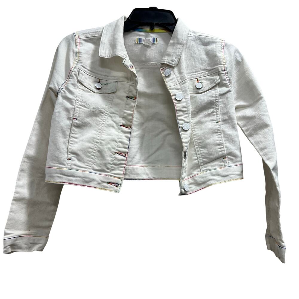 Piper White girls Denim Jean jacket contrast rainbow stitching sz 10/12